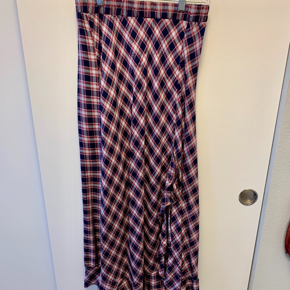 Max Studio Plaid Ruffle Midi Skirt